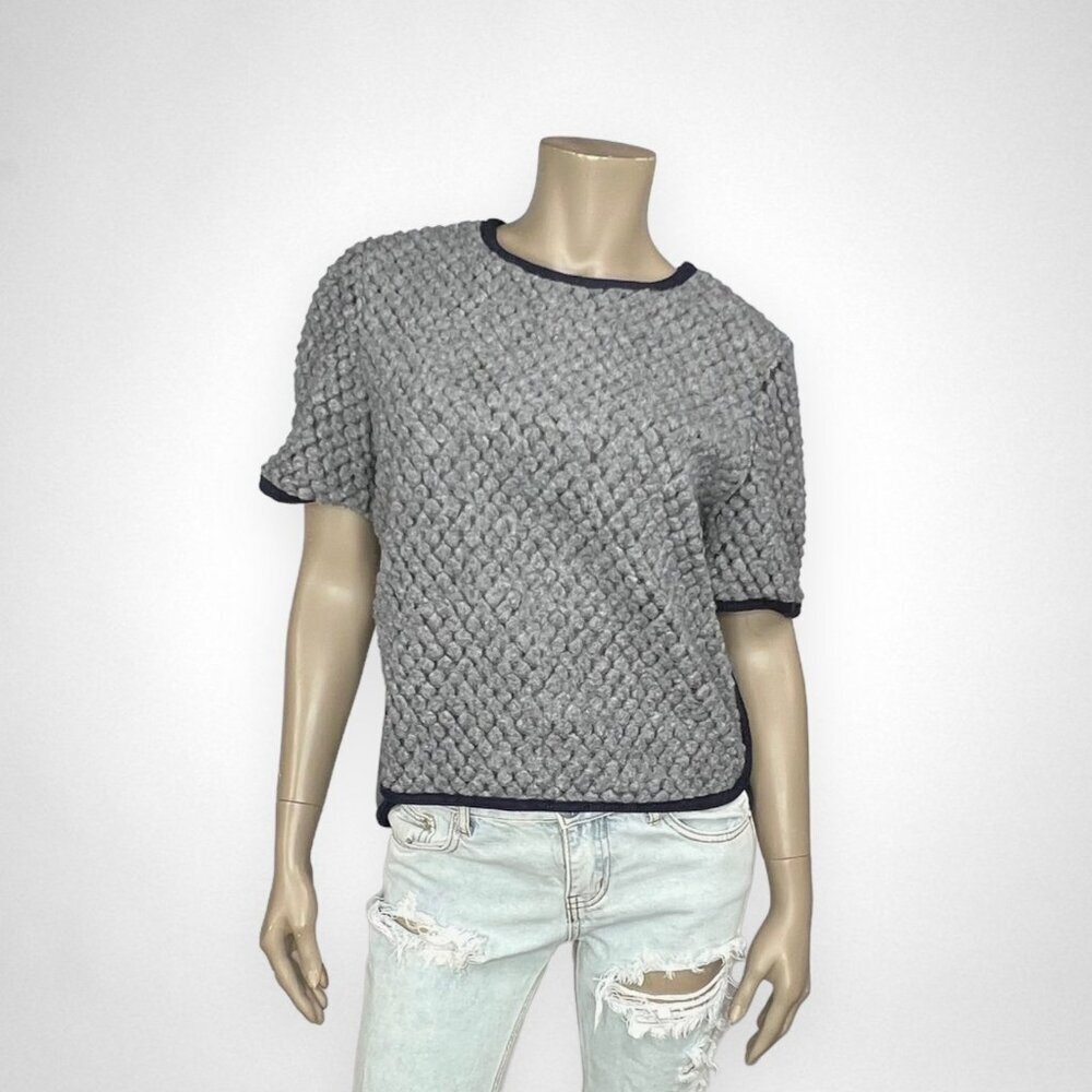 GRACIA Textured Wool Blend Crop Gray Blouse L